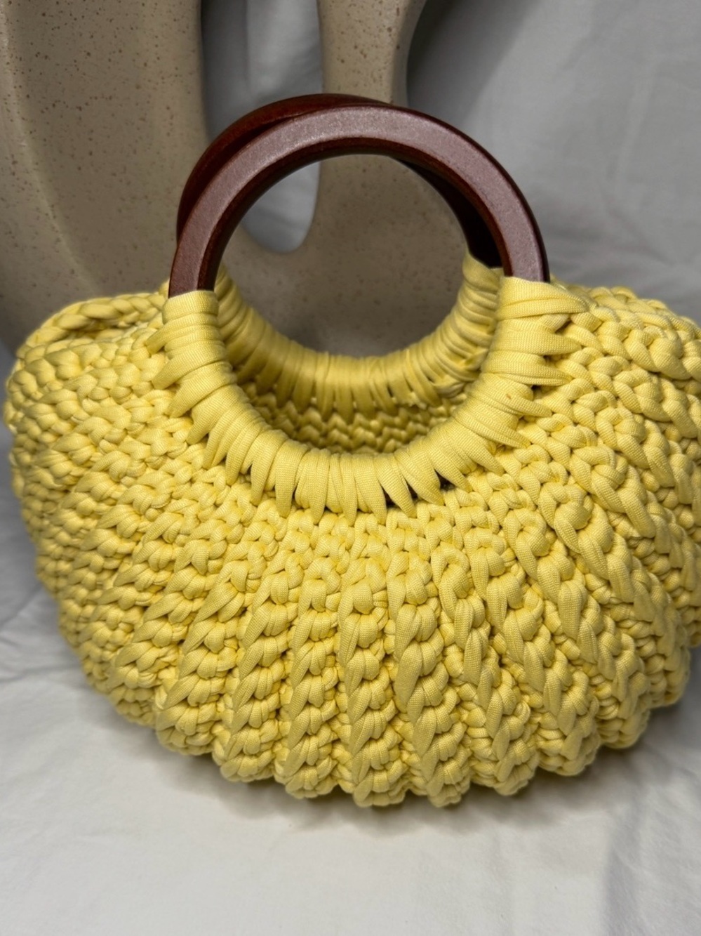 Yellow Knit Handbag with Wooden Handles